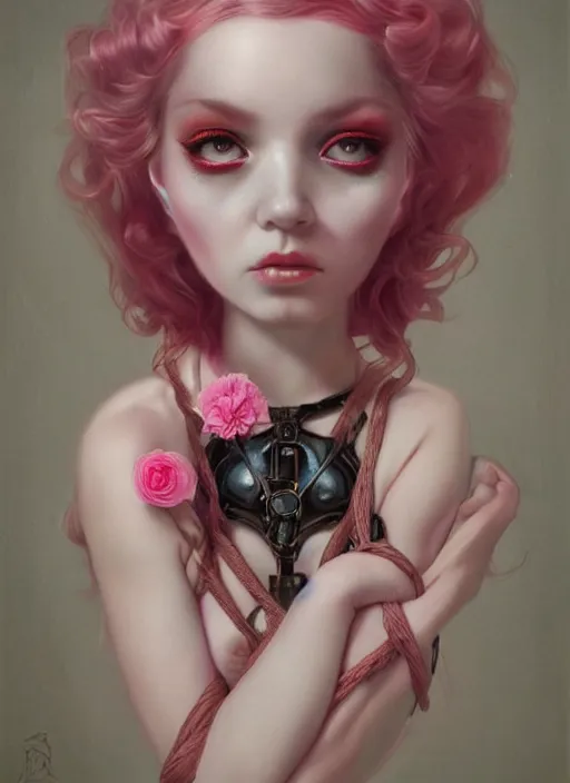 Image similar to pop surrealism, lowbrow art, realistic seductive cute woman painting, pink body harness, long hair, japanese shibari with flowers, hyper realism, muted colours, rococo, natalie shau, loreta lux, tom bagshaw, mark ryden, trevor brown style,