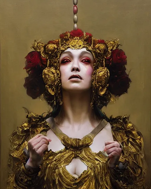 Prompt: holy goddess of circus and performance arts, golden accents by ruan jia