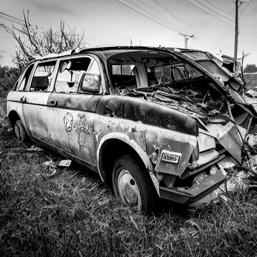 Prompt: a photo of a smashed old police car in an abandoned city after a pandemic. Taken with a Canon EOS 5D.