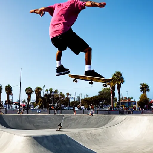 Image similar to skater wearing nike sb dunks doing a kickflip at the venice beach skatepark