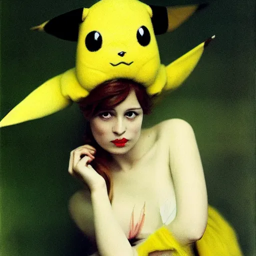 Image similar to elegant woman dressed up as pikachu, art photo by Annie Liebovitz and David Hamilton and Alphonse Mucha