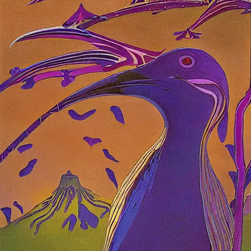 Image similar to by n. c. wyeth psychedelic purple monumental, incredible. a beautiful conceptual art of a bird in its natural habitat. the bird is shown in great detail, with its colorful plumage & intricate patterns. the background is a simple but detailed landscape, with trees, bushes, & a river.