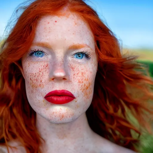 Image similar to Close up photo of the left side of the head of a redhead woman with gorgeous blue eyes and wavy long red hair, red detailed lips and freckles who looks directly at the camera. Slightly open mouth. Whole head visible and covers half of the frame, with a park visible in the background. 135mm nikon.