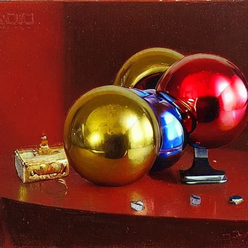 Prompt: chrome spheres on a red cube by ilya repin