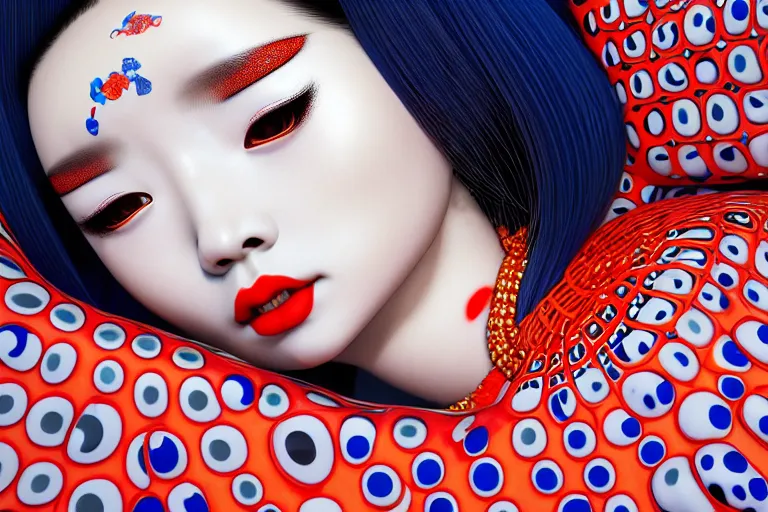 Image similar to hyperrealistic detailed image of a geisha laying in a art installation room, interior by yayoi kusama, part by kei mieno, part by alex gray, part by ross tran, part by james jean, ultra realistic, highly detailed, life like face, detailed body, 8 k, octane render, trending on artstation, very cohesive, masterpiece