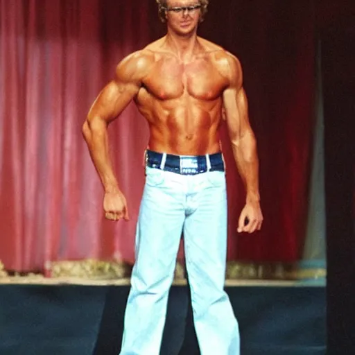 Prompt: Napolean dynamite as a Mr. Universe contestant