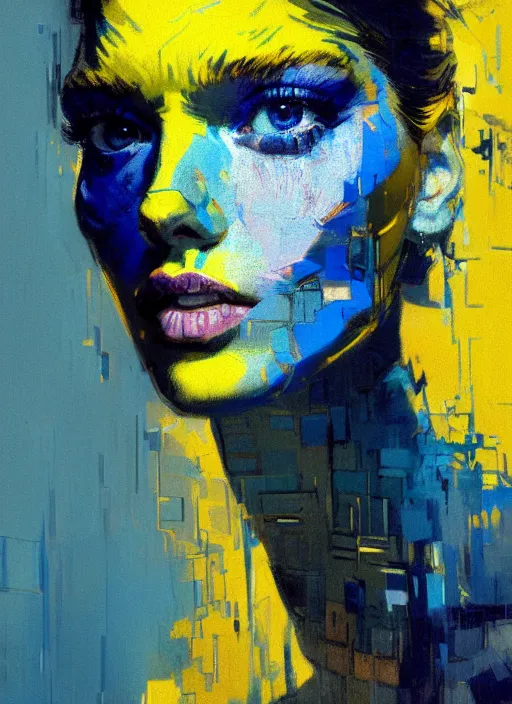 Prompt: portrait of a beautiful girl, new york backdrop, sad, shades of blue and yellow, beautiful face, rule of thirds, intricate outfit, spotlight, by greg rutkowski, by jeremy mann, by francoise nielly, by van gogh, digital painting