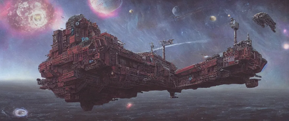 Prompt: lone industrial!!! spaceship!!, deep space exploration!!!, flying, ridley scott universe, the final frontier, illustrative!!, punk, painterly, hyperdetailed, hyperrealistic, utilitarian cargo ship, cinematic lighting, 4k, wide angle, beksinski, (neon colors)