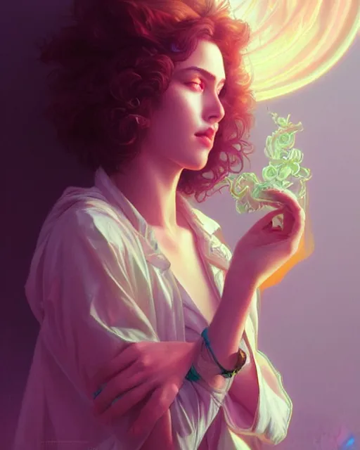 Image similar to emily rajtkowski, vaporwave, highly detailed, digital painting, artstation, concept art, smooth, sharp focus, illustration, art by artgerm and greg rutkowski and alphonse mucha