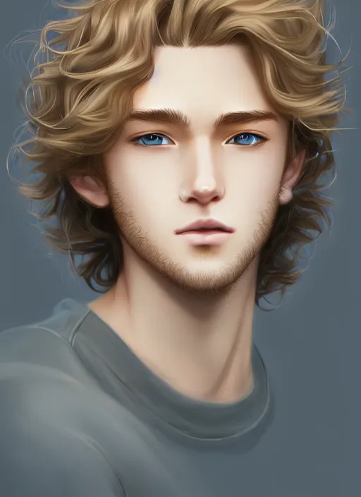 Prompt: young man with medium - length, curly, golden hair, sorrow, perfectly proportioned face, aquamarine eyes, natural lighting, path traced, highly detailed, high quality, cartoon, digital painting, by new haicheng and studio ghibli