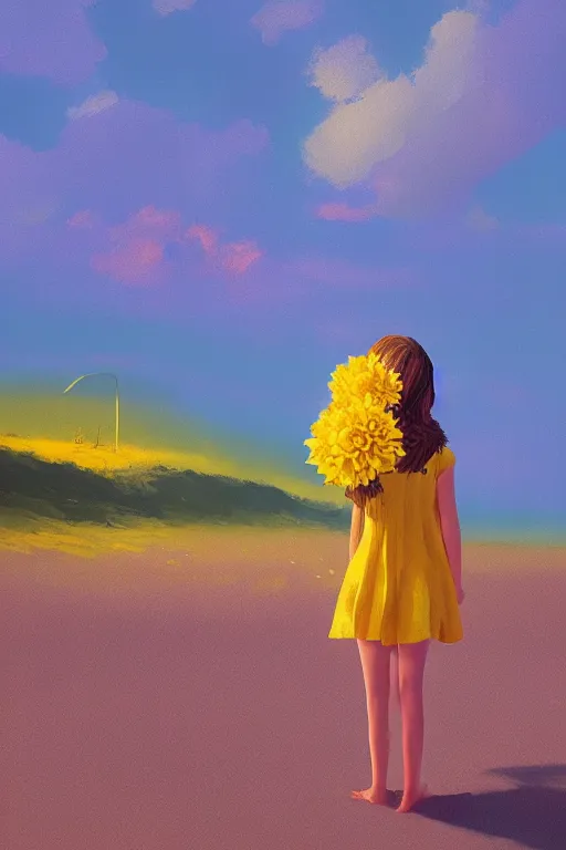 Image similar to closeup girl with huge yellow dahlia flower face, beach, surreal photography, blue sky, sunrise, dramatic light, impressionist painting, digital painting, artstation, simon stalenhag