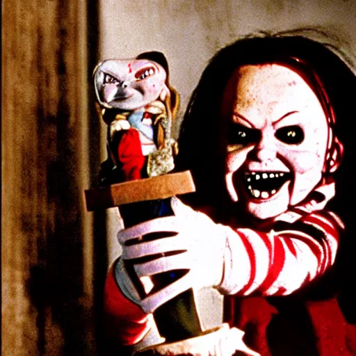 Image similar to Chucky the killer doll being held by Johnny Depp playing Charles Lee Ray