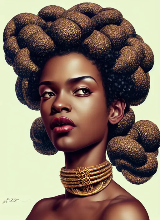 Prompt: portrait of young black woman with bantu knots, afro - futurist style, intricate, elegant gleaming jewelry, angelic halo, highly detailed, digital painting, artstation, concept art, smooth, sharp focus, illustration, art by wlop, mars ravelo and greg rutkowski