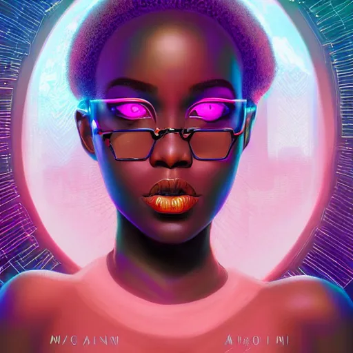 Prompt: african bbw neon queen, science fiction, highly detailed, digital painting, beautiful eyes, symmetry, concept art, sharp focus, volumetric lighting, illustration, global illumination, radiant light, synthwave colors, detailed and intricate environment, art by artgerm and greg rutkowski and magali villeneuve and ilya kuvshinov!