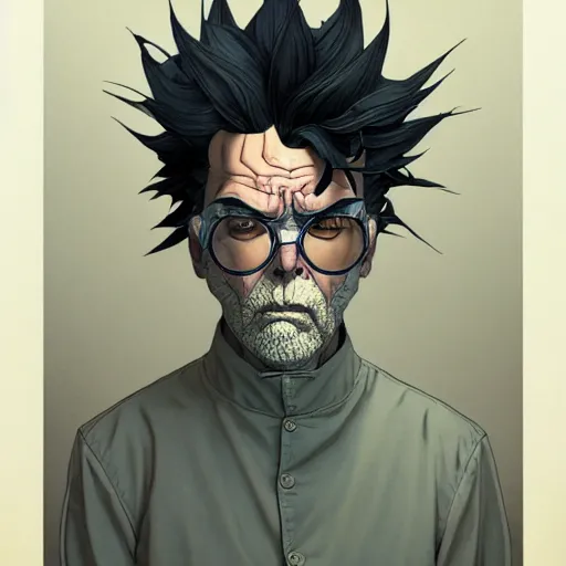 Image similar to 9 5 5 5 rick sanchez portrait by and james jean and katsuhiro otomo and erik jones, inspired by ghost in the shell anime, beautiful fine face features, intricate high details, sharp, ultradetailed, 3 d octane render