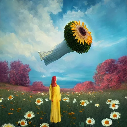 Prompt: a giant daisy flower as a head, woman in suit, standing next to modern window in luxury loft, surreal photography, sunlight, impressionist painting, digital painting, artstation, simon stalenhag