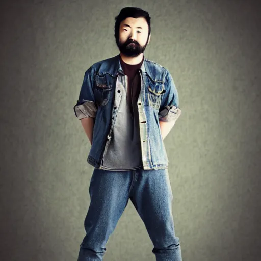 Image similar to japanese man with beard wearing short denim and leather clothes, full body portrait, dynamic lighting