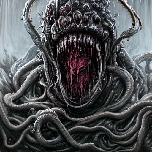 Image similar to Dark fantasy Painting of a hulking muscular demonic flesh creature covered in boils with drool dripping from its mouth, hr giger muscles, tentacles growing from its face, rising out of the depths of the foggy water, full body, disgusting, creepy, unsettling, horror, intricate, wild, highly detailed, digital painting, artstation, concept art, smooth, sharp focus, illustration, art by artgerm and greg rutkowski and alphonse mucha