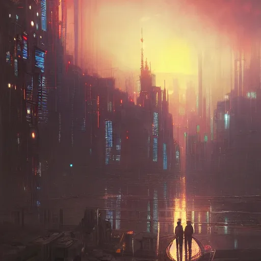 Image similar to cyberpunk city, sunset, gorgeous view, depth, painted by seb mckinnon, high detail, digital art, painted by greg rutkowski, trending on artstation