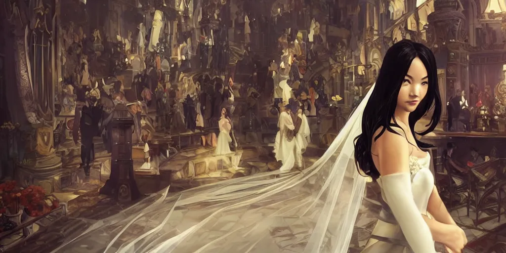 Prompt: cassandra cain in a wedding dress, wedding ceremony in the background, first person point of view!!!!, cg animation, riot entertainment, arcane, realistic, character select portrait, by artgerm, greg rutkowski, alphonse mucha, 3 d