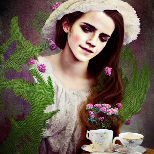 Image similar to painting on washed out on worn out canvas rough textured canvas wall full body fashion model emma watson smokey eyes makeup eye shadow fantasy, glow, shimmer as victorian woman in a long white frilly lace dress and a large white hat having tea in a sunroom filled with flowers, roses and lush fern flowers ,intricate, night, highly detailed, dramatic lighting , high quality