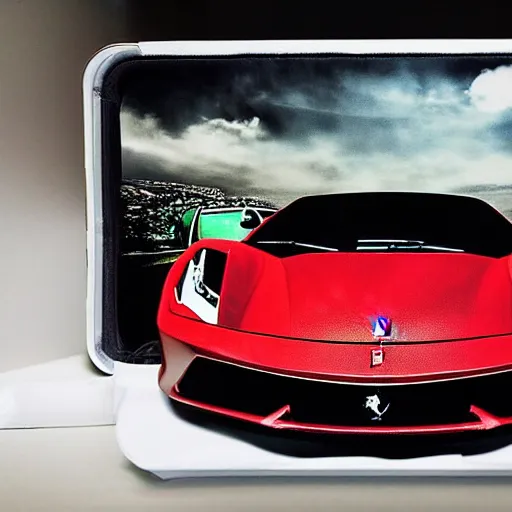 Image similar to realistic photographie lamborgini luxury mix with ferrari inside a pop collector box