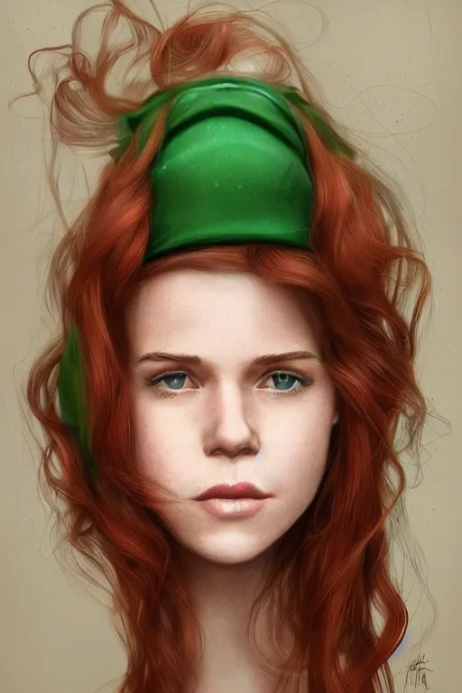 Image similar to ultra realistic style illustration of a beautiful cute red haired playful teen girl in a green dress, long hair, face of teen kate mara, sci - fi, intricate, elegant, digital painting, artstation, concept art, smooth, sharp focus, illustration, 8 k frostbite 3 engine, ultra detailed, art by artgerm and greg rutkowski and magali villeneuve