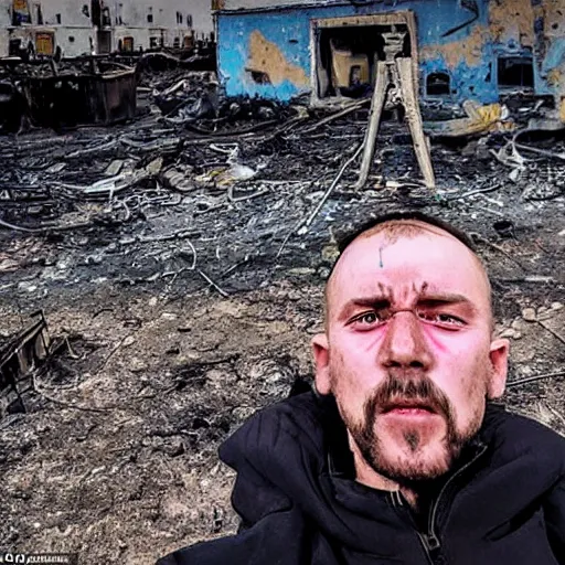 Image similar to radiation eats a ukrainian and his children alive wild pain and desperate selfies, everyone is dressed in dirty blue - yellow rags against the backdrop of a huge nuclear explosion from which the skin has already burned to the bone