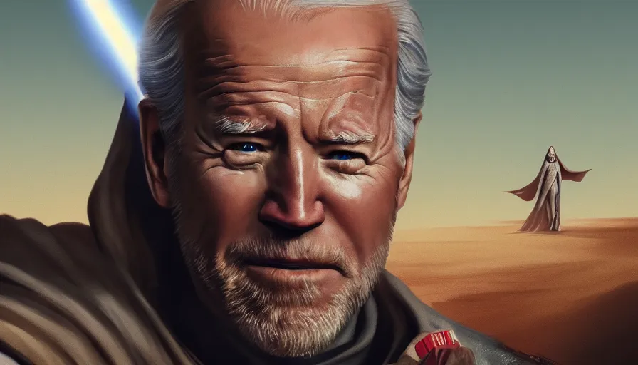 Prompt: joe biden is obi - wan kenobi, movie poster, hyperdetailed, artstation, cgsociety, 8 k