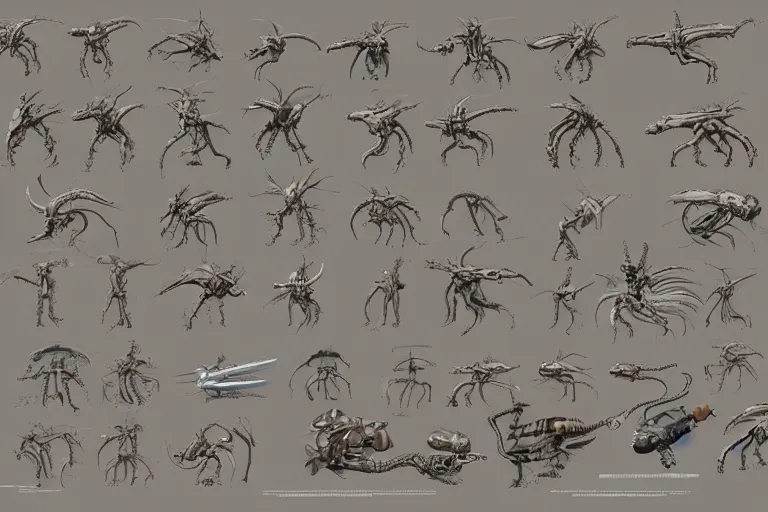 Prompt: schematic diagram of alien boss, biology, book, page, detailed, cross section, trending on artstation, cgsociety, Ralph McQuarrie and Greg Rutkowski and mobius