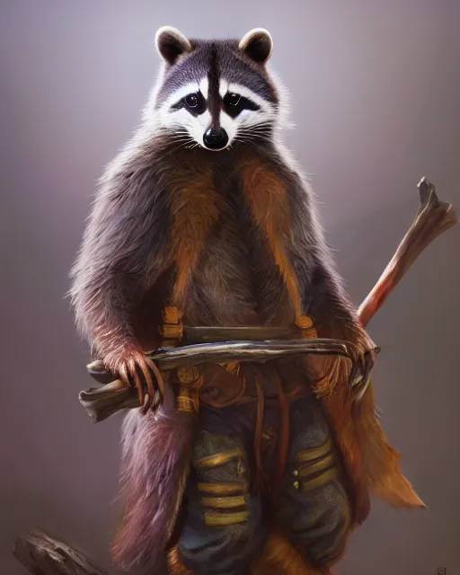 Prompt: oil painting of Anthropomorphized Racoon, holding bow, wearing hunter coat, proud look, full body, sharp focus, fantasy style, octane render, volumetric lighting, 8k high definition, by greg rutkowski, highly detailed, trending on art Station, magic the gathering artwork, woodland backround