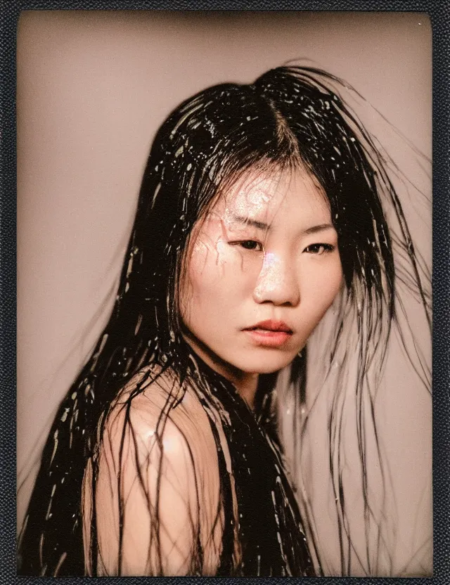 Image similar to polaroid photo with flash, portrait of a asian woman with glossy skin and wet hair in style of matrix, polaroid photo bleached strong lights, kodak film stock, hyper real, stunning moody cinematography, with anamorphic lenses, by maripol, detailed