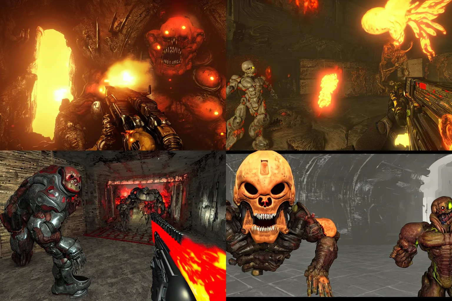 Prompt: Doom guy enters the gates of hell, 8k, remastered, high resolution, Holding super shotgun, powerful hands, cacodemon in sights 2.35:1 ratio