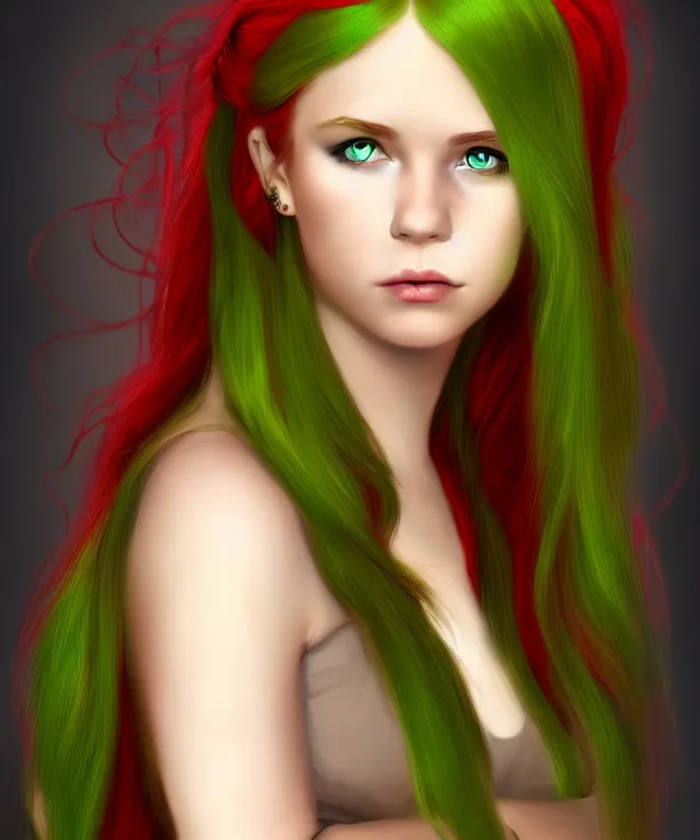 Prompt: Fae teenage girl, portrait, face, long red hair, green highlights, fantasy, intricate