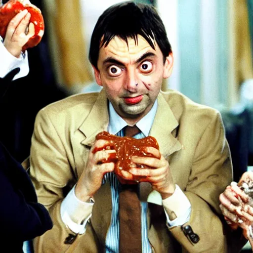 Prompt: mr. bean throwing beans on top of tobey maguire's face, really annoyed, messy, greasy, wet, sloppy