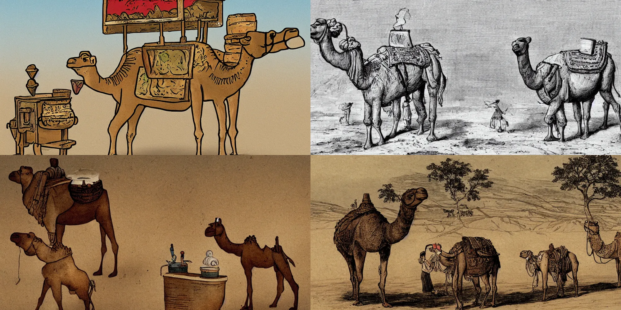 Prompt: an illustration ancient ice-cream stand from a camel's back. The camel's humps are slushie-makers