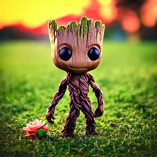 Prompt: Funko pop of baby Groot seeing a rose in the grass, trending on artstation, HDR, Instagram photo, with sunset