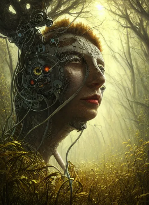 Image similar to Portrait of an Ancient overgrown Robot laying in a clearing, extremly detailed digital painting, sunlight, in the style of Tomasz Alen Kopera and Fenghua Zhong and Peter Mohrbacher, mystical colors, rim light, beautiful lighting, 8k, stunning scene, raytracing, octane, trending on artstation