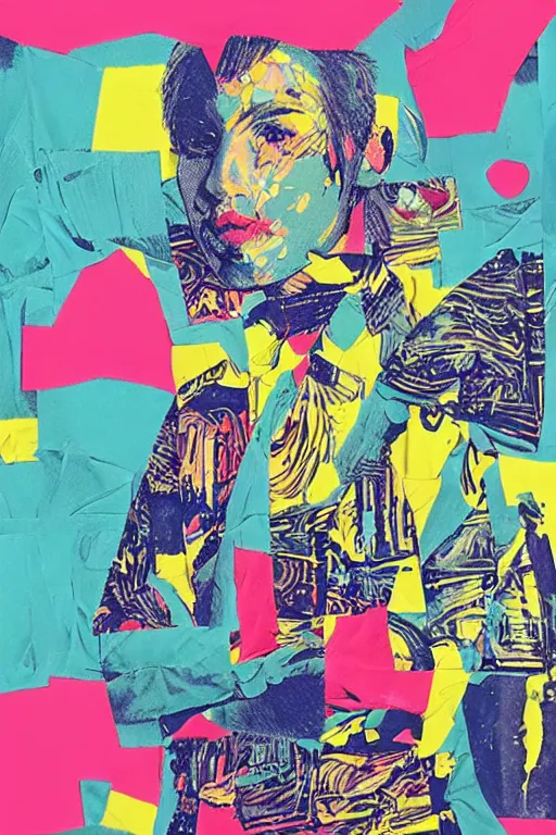 Prompt: aetherpunk fashion illustration by eko nugroho and andy warhol, collage