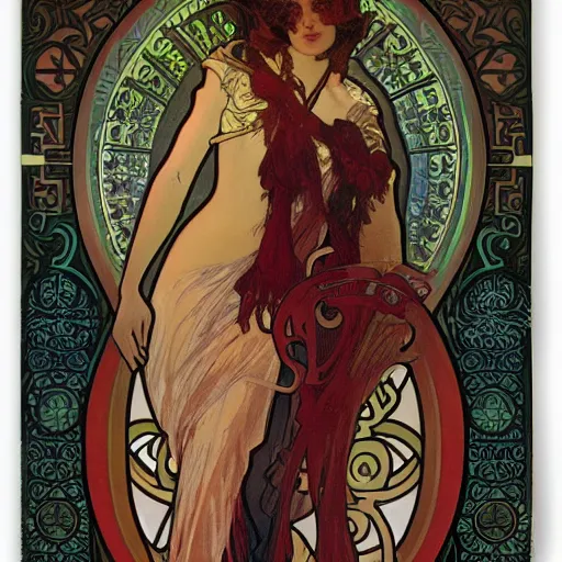 Image similar to occult detective, painted by alphonse mucha