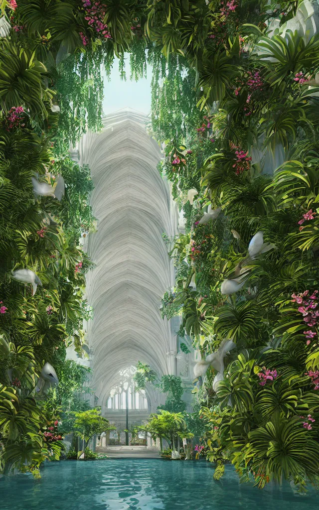 Prompt: grand cathedral interior with koi! pond! in the middle! surrounded by palm trees, ivy, flowers!, tropical plants, roses!, and with archways, rendered in octane render with photorealistic volumetric cinematic lighting, wide angle, horizontal symmetry, 8 k