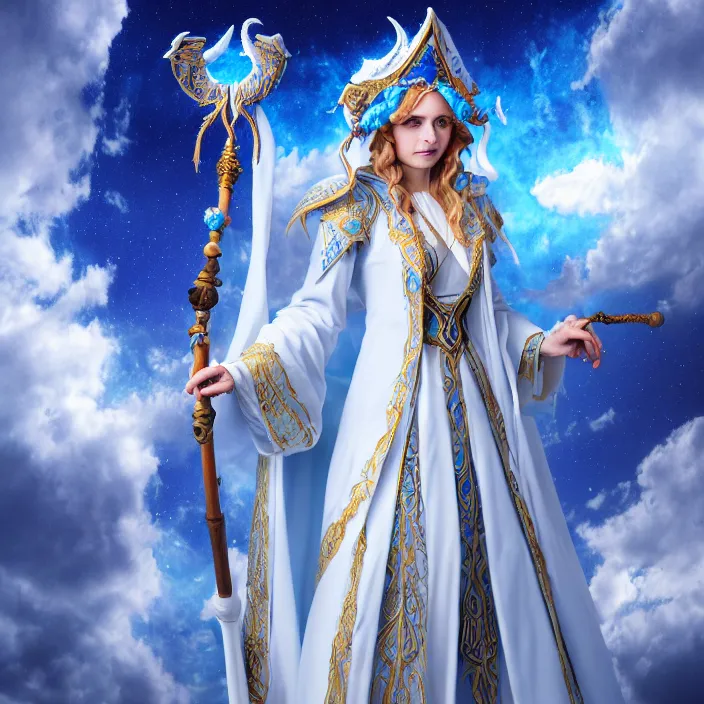 Image similar to photograph of a real-life beautiful sky witch with ornate white and blue robes and staff. Extremely detailed. 8k