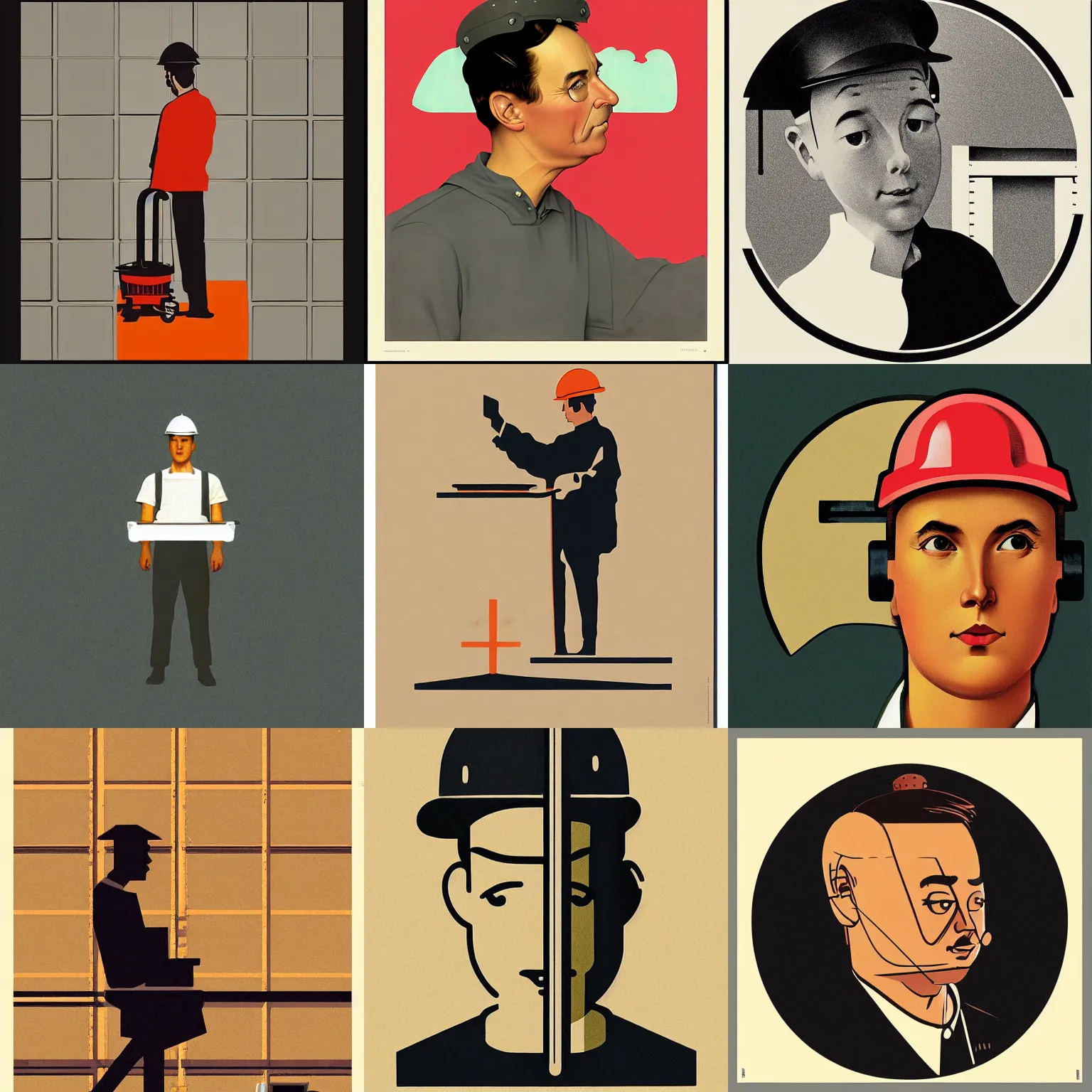 Prompt: icon of warehouse worker stylized minimalist from behance, ios, vintage, magazine illustration, by norman rockwell, william - adolphe bouguereau, pixar, philippe starck, jony ive, dieter rams, henry dreyfuss, naoto fukasawa