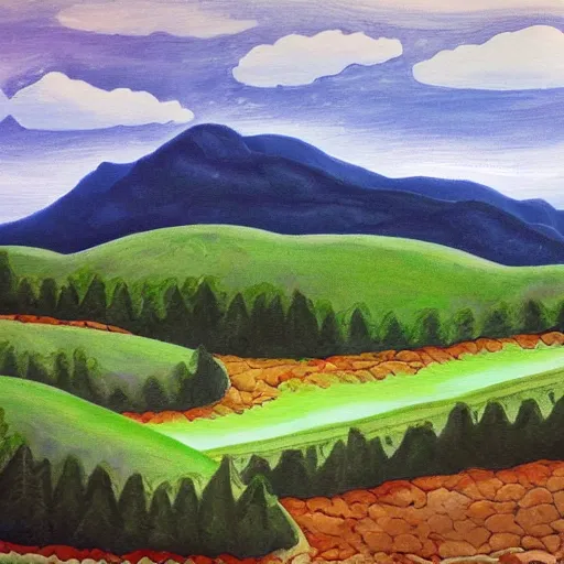 Prompt: create a landscape painting with rolling hills, a river running through it, and a mountain in the distance.