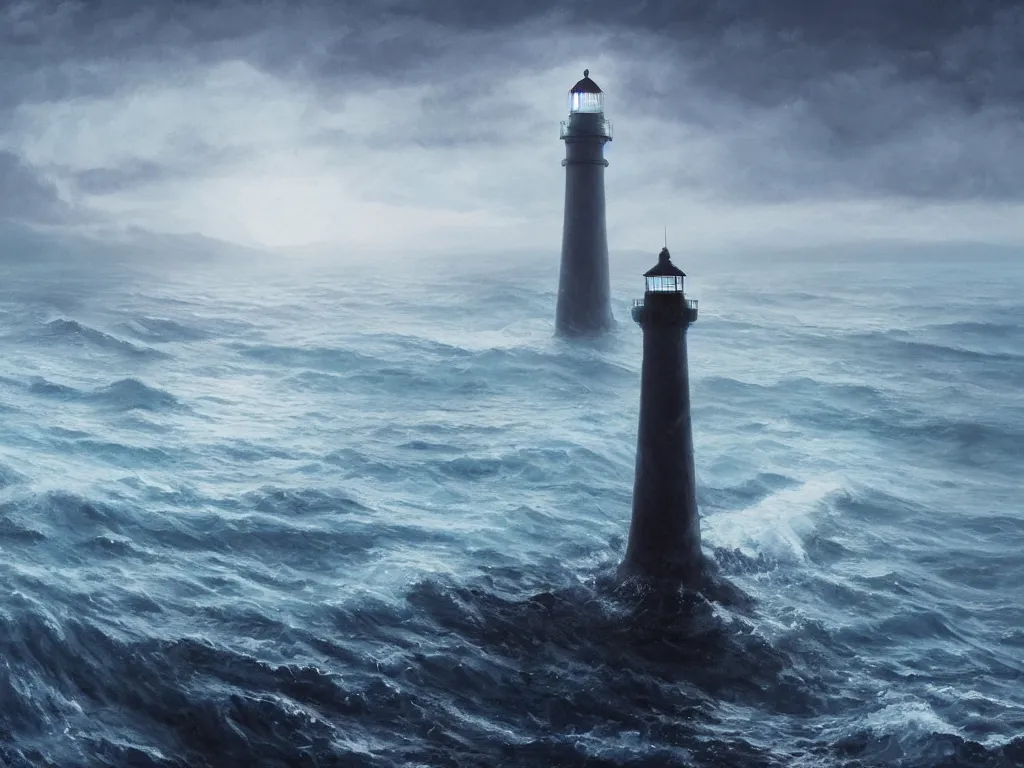 Image similar to a beautifuly ultradetailed painting of a lighthouse in a sea of black water with eldritch terrors crawling up from the water, icy mist, morning shot, raphael lacoste, makoto shinkai, 4 k, trending on artstation, aerial photography, ultrawide lens : 2, dof : - 1, blur : - 1