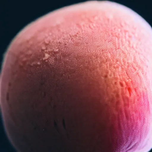 Image similar to a macro photo of a round peach's dry hairy skin, hyper realistic, hyper detailed, 35mm, very grainy film, pink volumetric studio lighting, bokeh, black background award winning shot, vogue magazine, cinematic, 8k, very closeup, elegant, tender, pastel