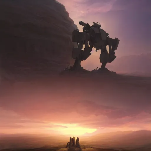 Prompt: cinematic shot of a mech whos standing on a hill looking in the horizon sunset surface digital painting, artstation, concept art, soft light, hdri, smooth, sharp focus, illustration, fantasy, intricate, elegant, highly detailed, D&D, matte painting, in the style of Greg Rutkowski and Alphonse Mucha and artemisia, 8k, highly detailed, jurgens, rutkowski, bouguereau, pastoral, rustic, georgic