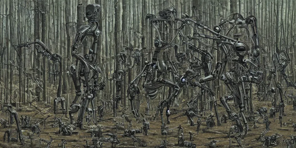 Prompt: 100000 robots fighting in forest H.R. Giger, seamless