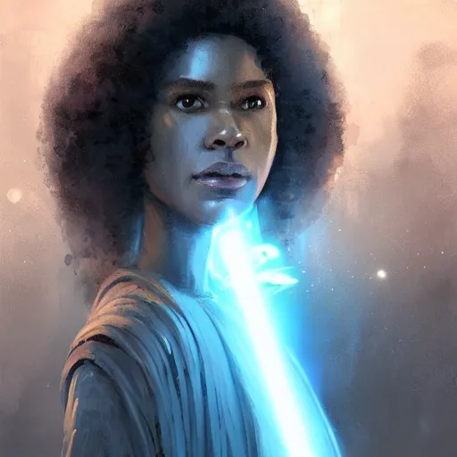 Image similar to portrait of a woman by greg rutkowski, youn jedi knight, black, afro hair, prettt, star wars expanded universe, she is about 2 0 years old, wearing jedi robes, highly detailed portrait, digital painting, artstation, concept art, smooth, sharp foccus ilustration, artstation hq