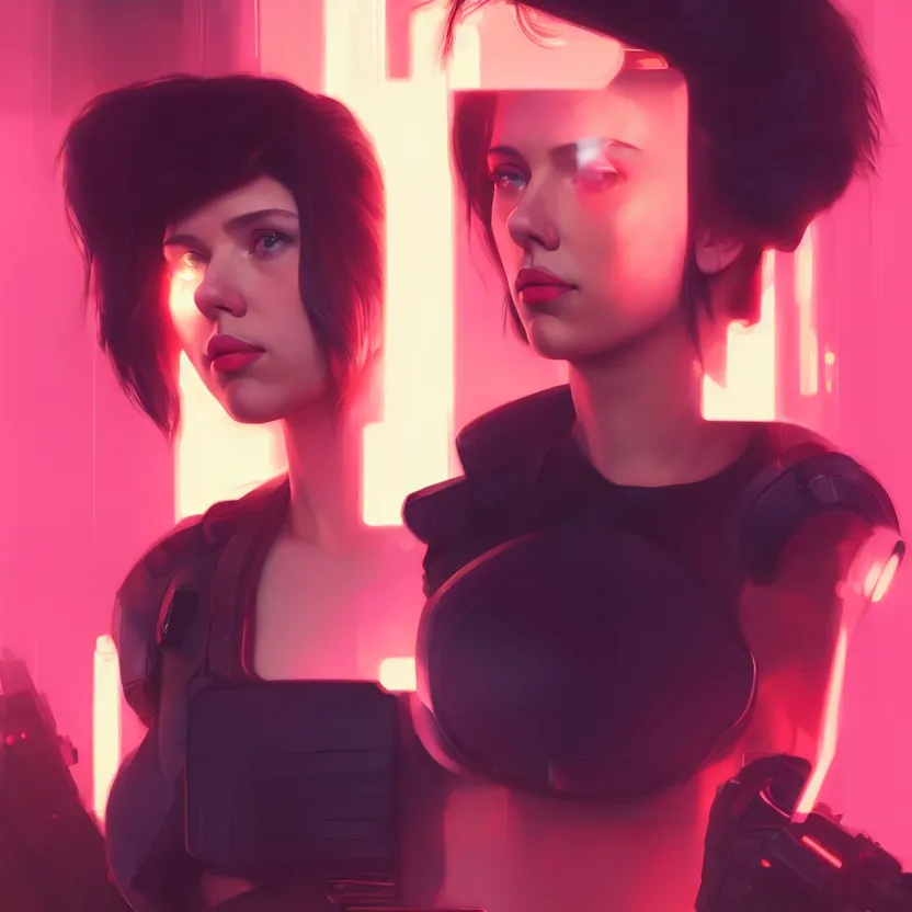 Prompt: 3 / 4 portrait, scarlett johansson as major mira killian from ghost in a shell, night, crop top, beautiful, in a modern city, neon signs, jewelry, artstation, william bouguereau, rossdraws, greg rutkowski, super detailed, realistic, octane render, volumetric, cinematic, 8 k